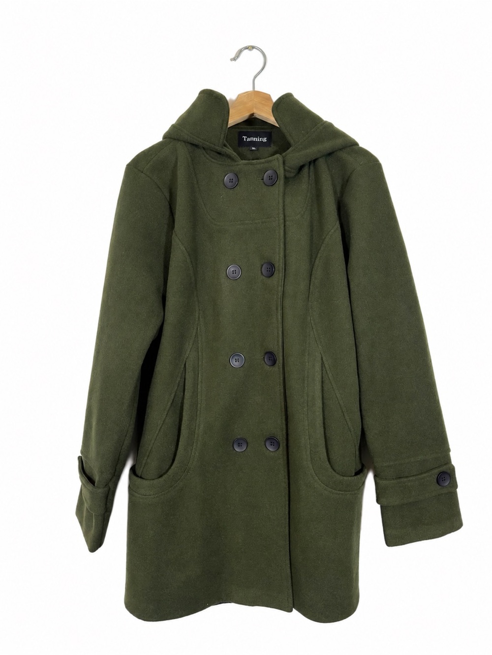 Tanming Pea Coat Jacket Hooded Wool Blend Size XL Green Classy Fall Winter Warm